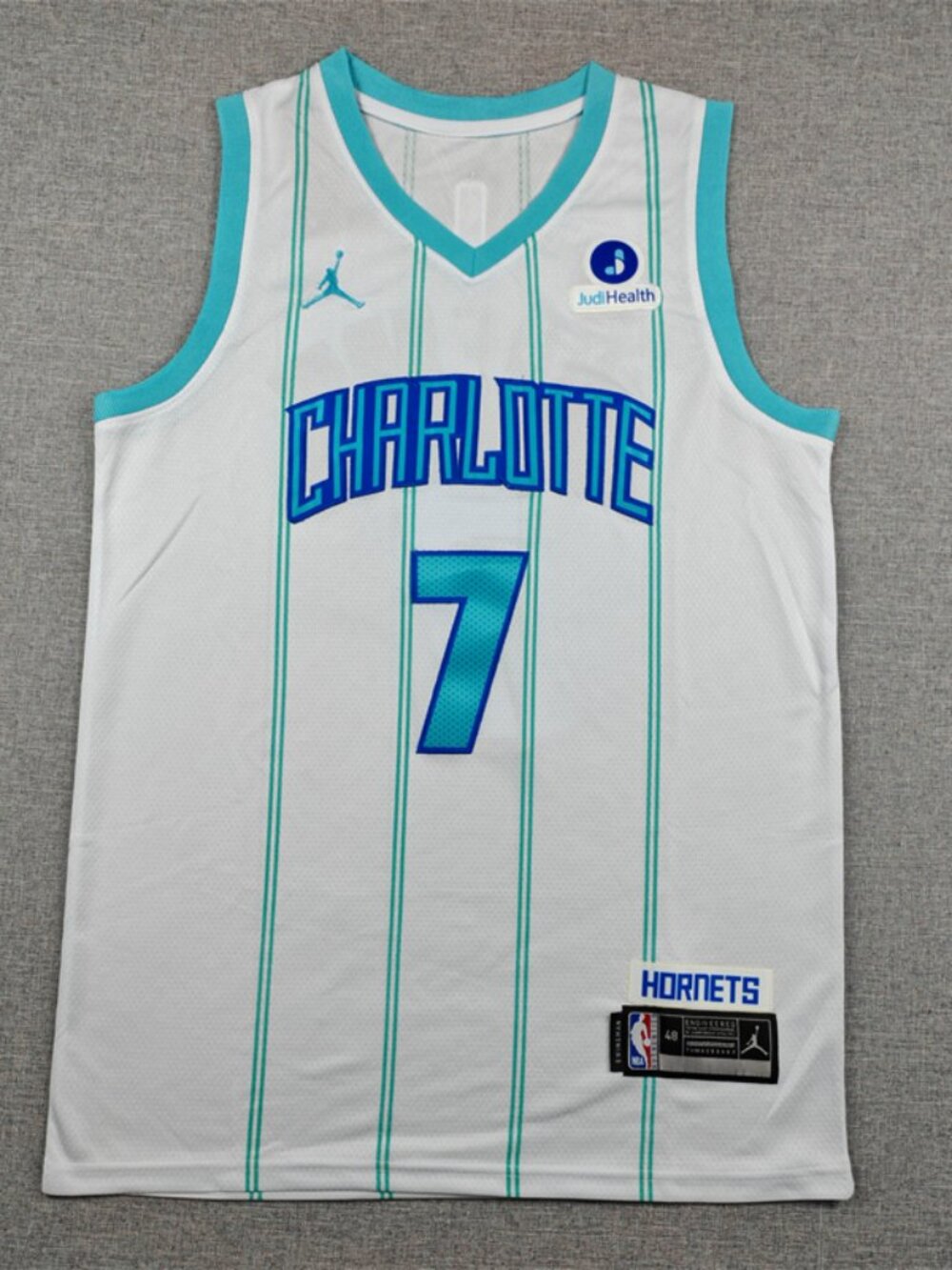 Charlotte White & Teal Pinstripe Basketball Jersey - Number 7